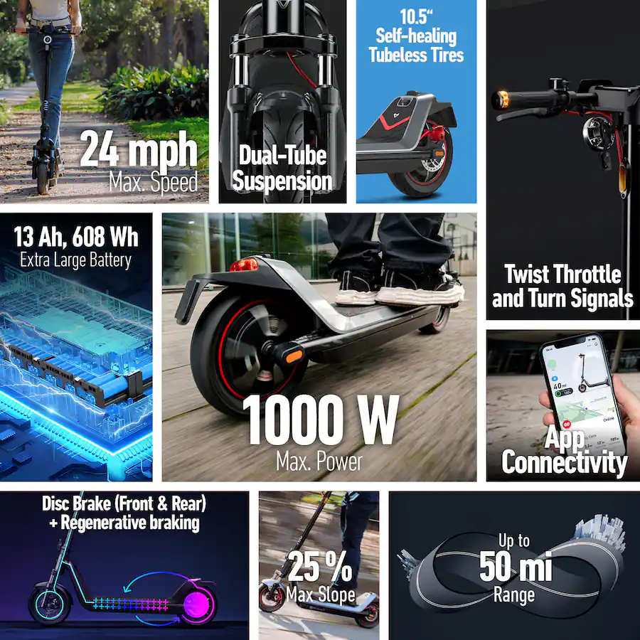 A multi-panel product feature grid showcasing various components, specifications, and app integration of the electric scooter.