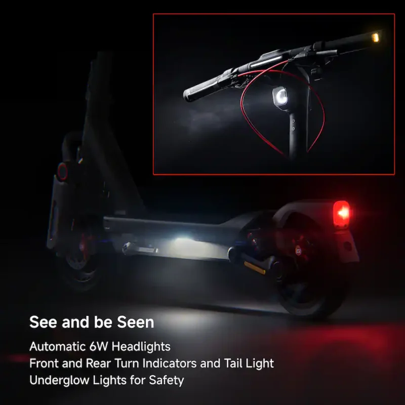 Dark-themed promotional graphic showing a Segway electric scooter with illuminated automatic 6W headlights, front and rear turn indicators, tail lights, and underglow lights, with an inset zoom of the handlebars and headlight.