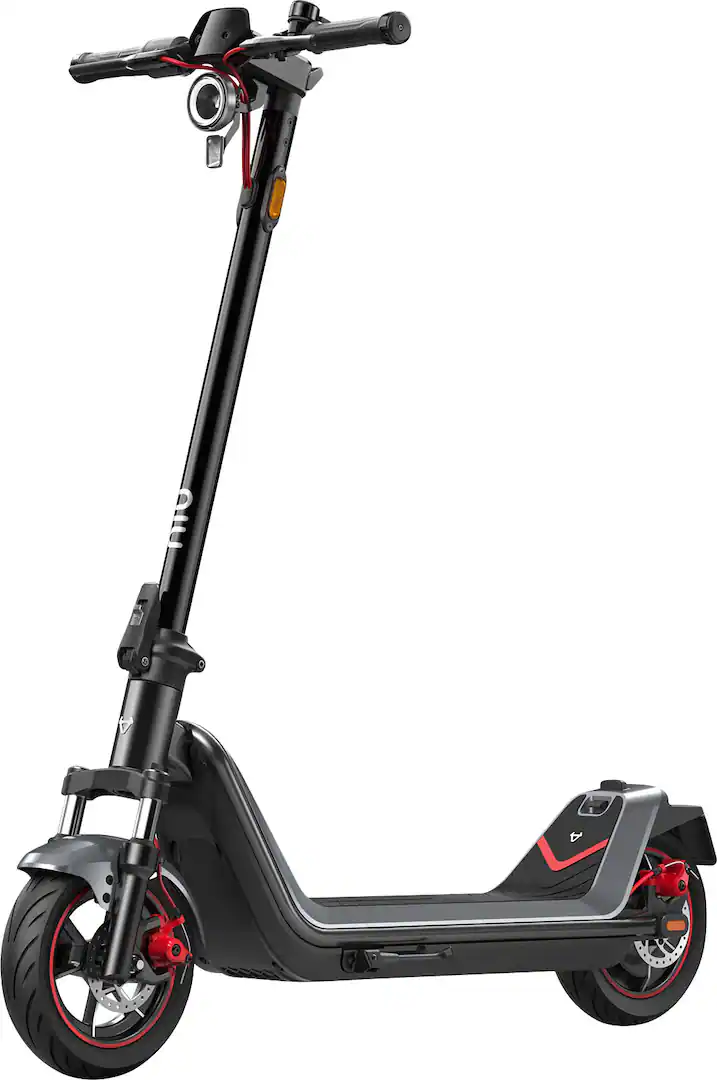 Studio three-quarter view of the black and grey NIU KQi300X electric scooter with red styling accents against a plain white background.