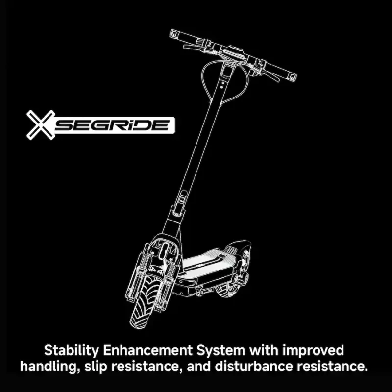 White wireframe schematic of a Segway electric scooter on a black background featuring the "X SEGRIDE" logo and text highlighting improved handling, slip resistance, and disturbance resistance.