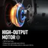 Technical graphic highlighting the high-output motor with 1000W peak power, strong torque, and hill-climbing capabilities.
