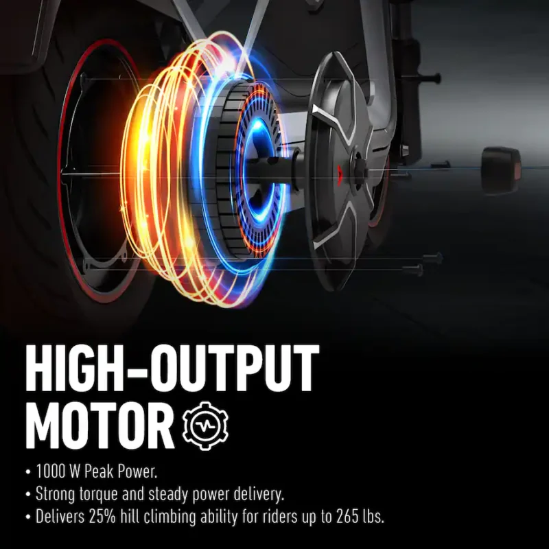 Technical graphic highlighting the high-output motor with 1000W peak power, strong torque, and hill-climbing capabilities.