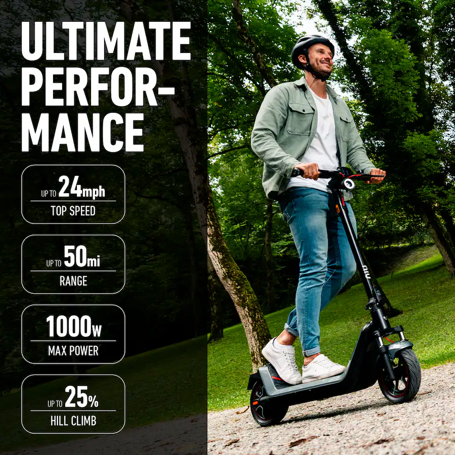 A man riding an electric scooter next to a text overlay showcasing top speed, range, max power, and hill climb specifications.