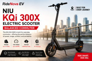 Promotional graphic for the NIU KQi 300X Electric Scooter highlighting specs like 31 miles range, 20 MPH top speed, and a city skyline background.