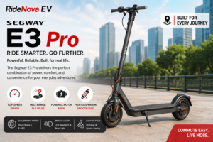 Promotional graphic for the Segway E3 Pro Electric Scooter featuring specifications like a 19 MPH top speed, 18.6 miles max range, and an urban skyscraper background.