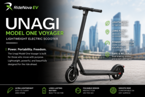 Promotional graphic for the Unagi Model One Voyager Lightweight Electric Scooter featuring a city skyline background and key specs.