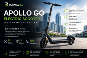 Promotional graphic for the Apollo Go Electric Scooter featuring specs like a 25 KM/H top speed, 25 KM max range, and city skyline backdrop.