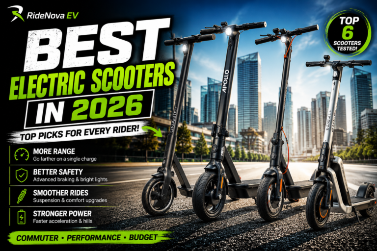 Promotional featured banner for the "Best Electric Scooters in 2026" guide, showcasing multiple electric scooters lined up against a city backdrop with badges for top picks and tested models.