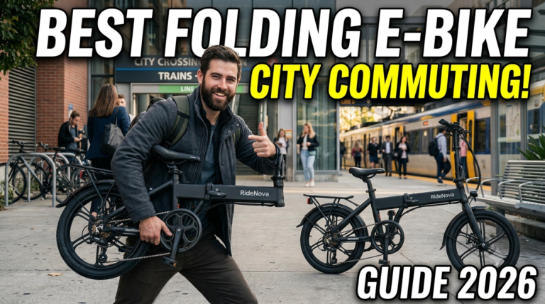 Ultra-realistic YouTube thumbnail featuring a male commuter carrying a folded RideNova electric bike at a city train station with bold text reading BEST FOLDING E-BIKE CITY COMMUTING GUIDE 2026.