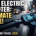 Ultra-realistic YouTube thumbnail for the RideNova ultimate guide to electric scooters, featuring a rider's hands on glowing handlebars and a digital display set against a city street backdrop.