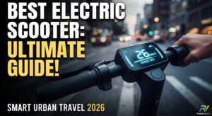 Ultra-realistic YouTube thumbnail for the RideNova ultimate guide to electric scooters, featuring a rider's hands on glowing handlebars and a digital display set against a city street backdrop.