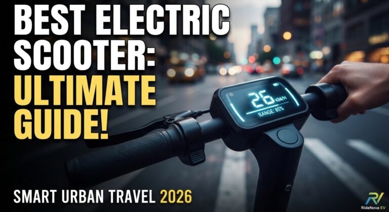 Ultra-realistic YouTube thumbnail for the RideNova ultimate guide to electric scooters, featuring a rider's hands on glowing handlebars and a digital display set against a city street backdrop.