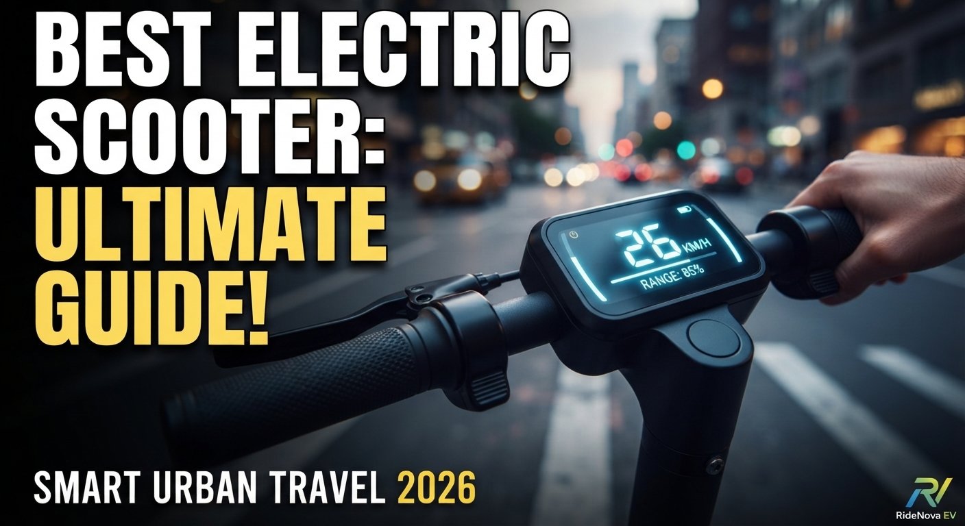 Ultra-realistic YouTube thumbnail for the RideNova ultimate guide to electric scooters, featuring a rider's hands on glowing handlebars and a digital display set against a city street backdrop.