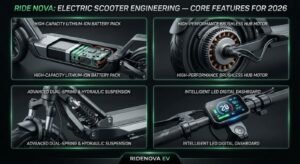 A four-panel image collage for RideNova showcasing core electric scooter technical features, including a lithium-ion battery pack, a high-performance electric motor, an advanced dual suspension system, and an illuminated digital display.