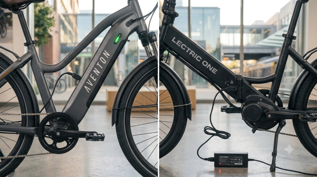 Split-screen view of both the Aventon and Lectric ONE e-bikes plugged into their respective chargers on a concrete floor.