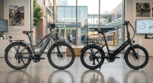 An ultra-realistic side-by-side studio comparison of the grey Aventon commuter e-bike and the matte black Lectric ONE, showing their distinct frame geometries, tires, and motor setups on a polished urban showroom floor.