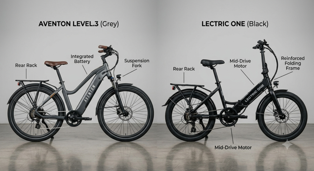 Side-by-side comparison of the grey Aventon commuter e-bike and the matte black Lectric ONE parked on a polished showroom floor.