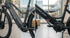 Side-by-side comparison of the grey Aventon commuter e-bike and the matte black Lectric ONE parked on a polished showroom floor.