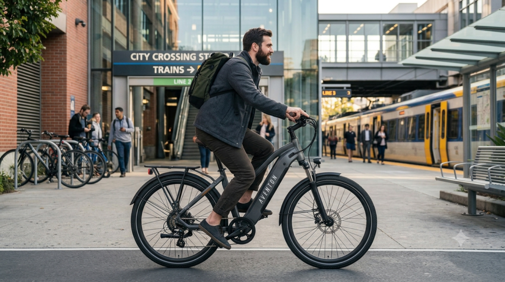 A bearded male commuter riding the dark grey Aventon e-bike along a sunlit city bike lane near a train station.