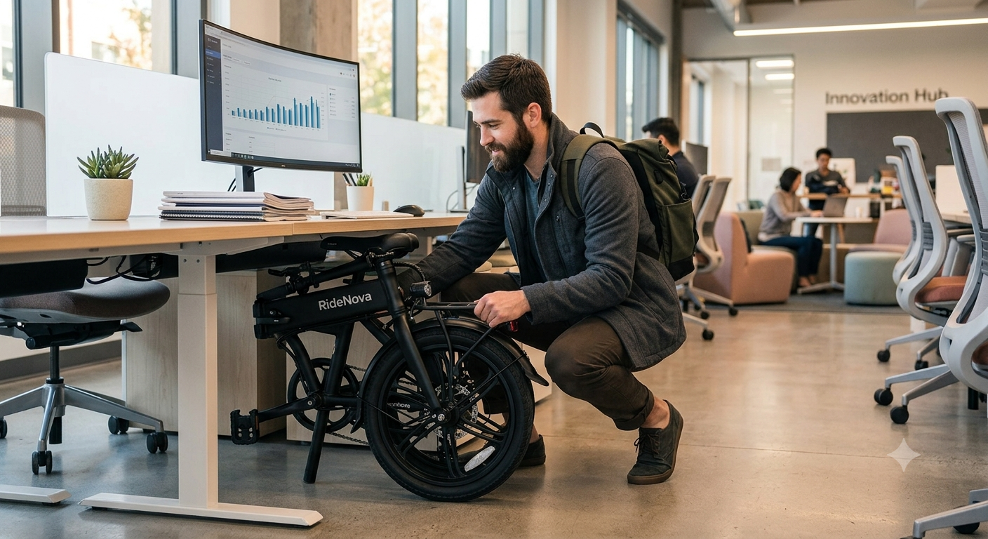A male commuter in an office carefully slides a completely folded RideNova electric bike under a modern desk next to an ergonomic chair.