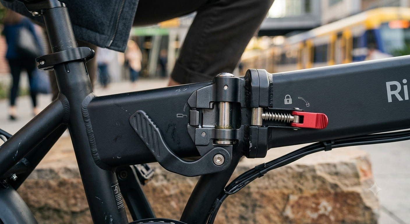 A detailed close-up of the robust RideNova folding electric bike frame hinge mechanism featuring precision machined aluminum parts and a red safety latch.