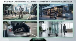 A four-panel image collage for RideNova illustrating various electric scooter urban travel scenarios, including commuting in a city, connecting with public transport, a folded scooter in a car trunk, and parking at an office.