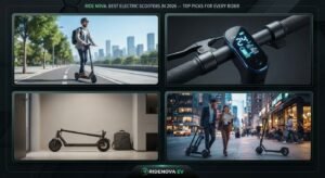 A four-panel image collage for RideNova showcasing a commuter riding an electric scooter, a close-up of a digital scooter display, a folded electric scooter indoors, and people with scooters on a city street at night.