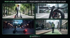 A four-panel image collage for RideNova illustrating electric scooter safety features and practices, including a helmeted rider, disc brakes, front and rear lights, and a rider in a dedicated bike lane.