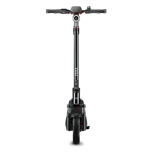 Front-on studio view of the NIU KQi300X electric scooter handlebars, steering column, and front fork suspension against a white background.