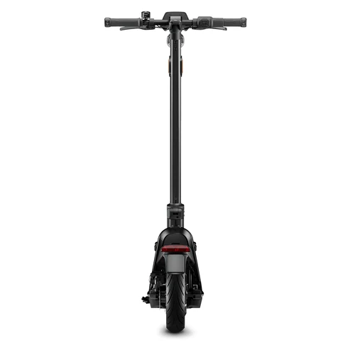 Rear-facing studio view of the NIU KQi300X electric scooter highlighting the tail light, rear wheel, and handlebar width on a white background.
