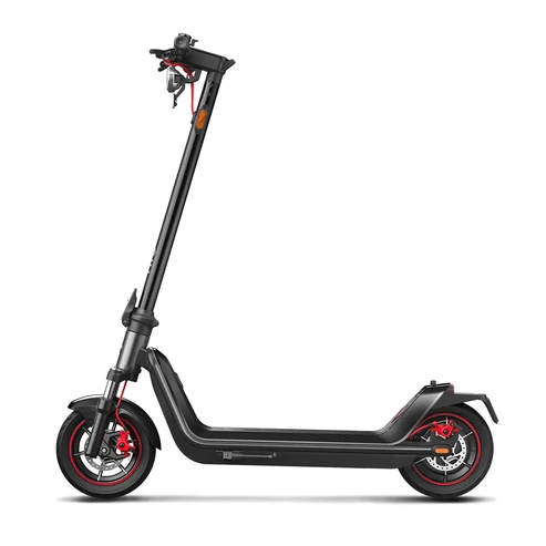 Side profile studio shot of the NIU KQi300X electric scooter in black with red accents on a white background.