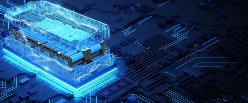 3D digital illustration of an electric scooter battery pack glowing with electrical energy over a circuit board background.