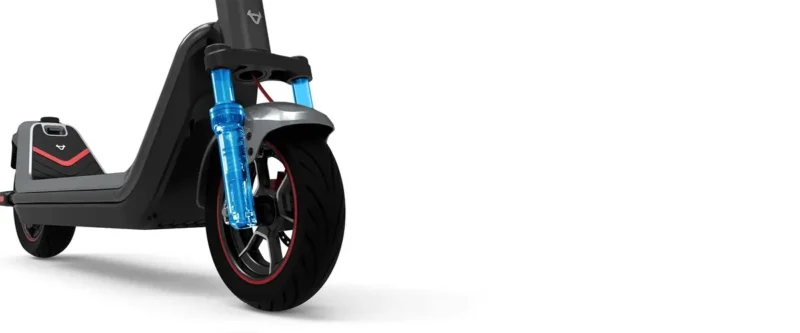 Close-up rendering of an electric scooter's front fork highlighted in bright blue to show the dual-tube suspension.