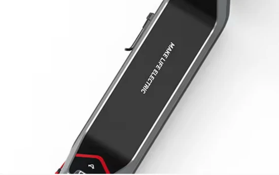 Close-up of an electric scooter deck featuring the text "MAKE LIFE ELECTRIC" and brand detailing.