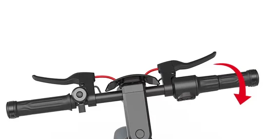 Overhead view of electric scooter handlebars with a red arrow indicating twist throttle rotation.