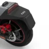 Close-up of an electric scooter's rear fender, tail light, and red disc brake caliper.
