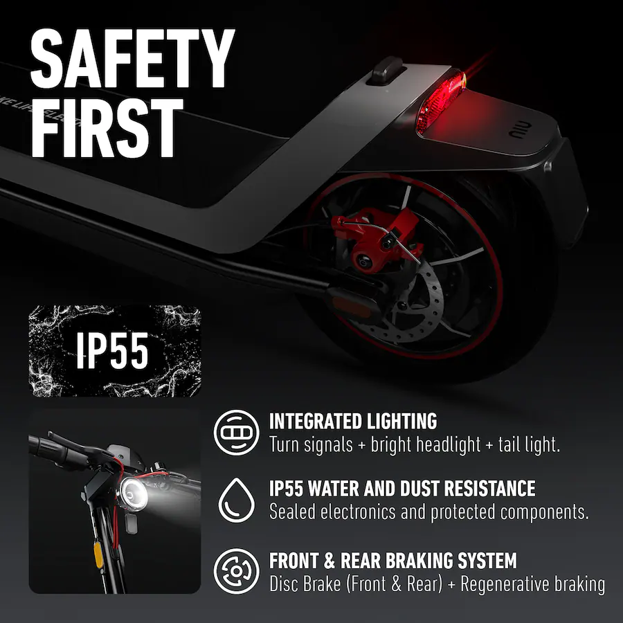 Safety and feature infographic highlighting the IP55 water resistance, integrated lighting, and front/rear braking system of the NIU electric scooter.