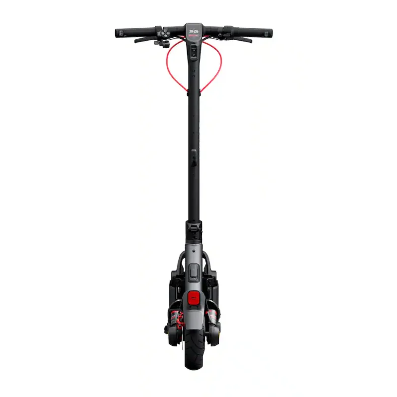 Front-facing studio shot of a Segway electric scooter featuring its handlebars, red brake line cable, digital display, and dual-spring suspension front wheel.