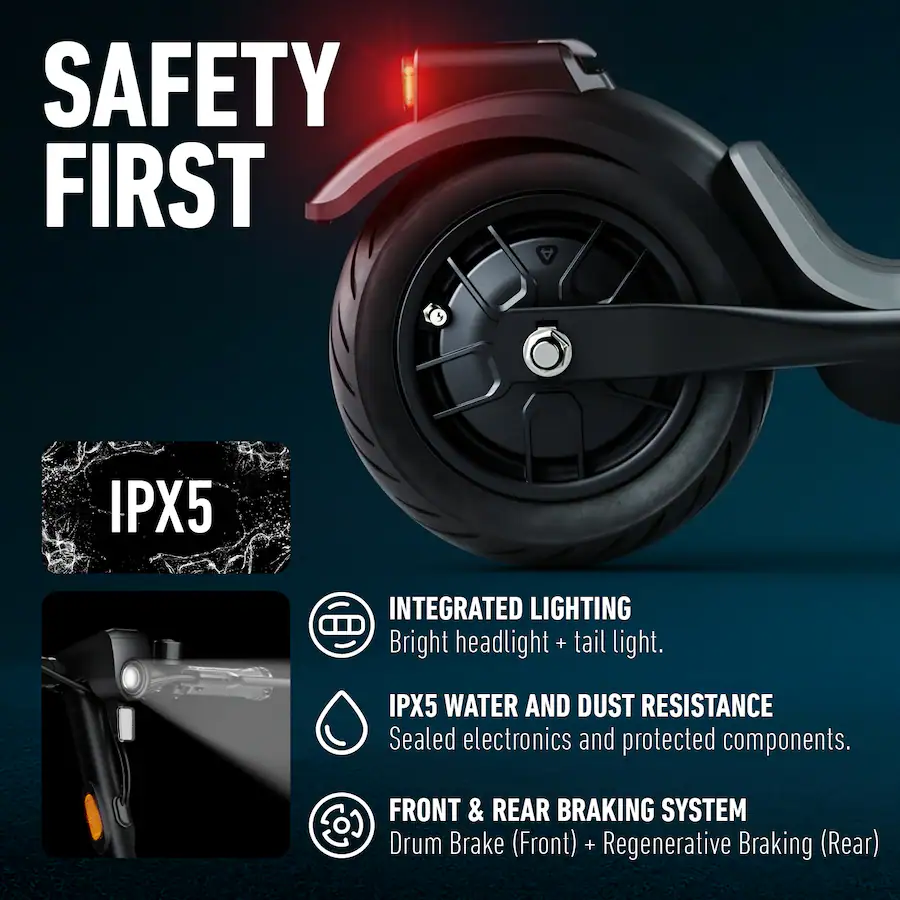 Rear wheel and brake light of an electric scooter showcasing IPX5 water resistance and safety features.