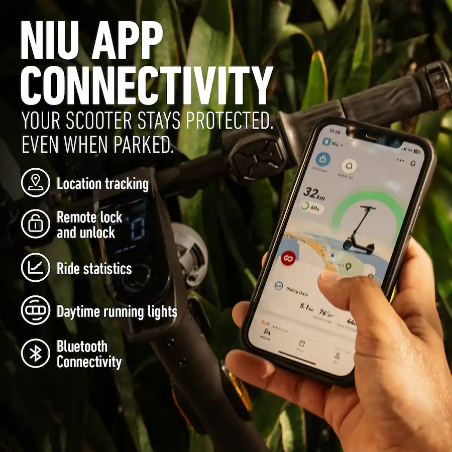 A hand holds a smartphone displaying the NIU app interface, showing scooter location, battery level (60%), ride statistics, and lock status. The phone is held in front of the handlebars of a NIU KQi 200P electric scooter against a backdrop of tropical plants. Text on the left details app features like location tracking and remote locking.