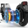 A detailed close-up exploded view of the rear wheel assembly of the NIU KQi 200P electric scooter, showing the motor hub with glowing blue and orange light effects representing electromagnetic force, separated from the tire, rim, and brake components against a white background.