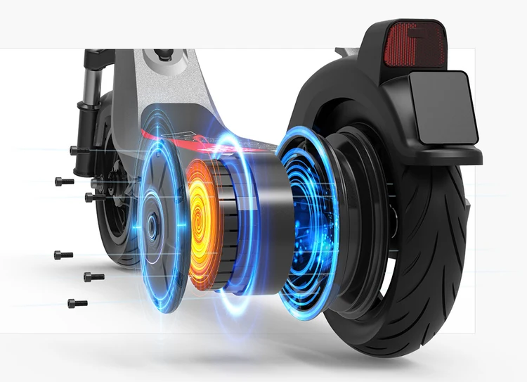 A detailed close-up exploded view of the rear wheel assembly of the NIU KQi 200P electric scooter, showing the motor hub with glowing blue and orange light effects representing electromagnetic force, separated from the tire, rim, and brake components against a white background.