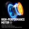 A close-up of a black tire and hub motor, with swirling blue and orange light effects radiating outwards to symbolize electromagnetic force. Large white text below reads "HIGH-PERFORMANCE MOTOR". Bullet points list specifications: "350 W Rated / 700 W Peak Power", "Delivers strong, responsive acceleration", and incline and weight capacities.
