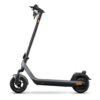 A direct side profile view of the dark gray NIU KQi 200P electric scooter, standing upright on a white background, showcasing its full length, 10-inch wheels, and sleek deck design.