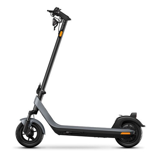A direct side profile view of the dark gray NIU KQi 200P electric scooter, standing upright on a white background, showcasing its full length, 10-inch wheels, and sleek deck design.