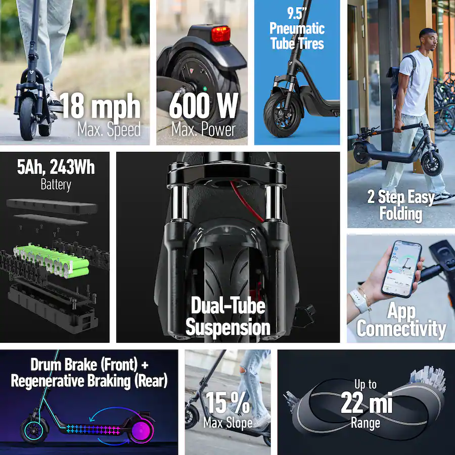 A multi-panel grid showcasing various features of the electric scooter including speed, tires, folding, and battery.