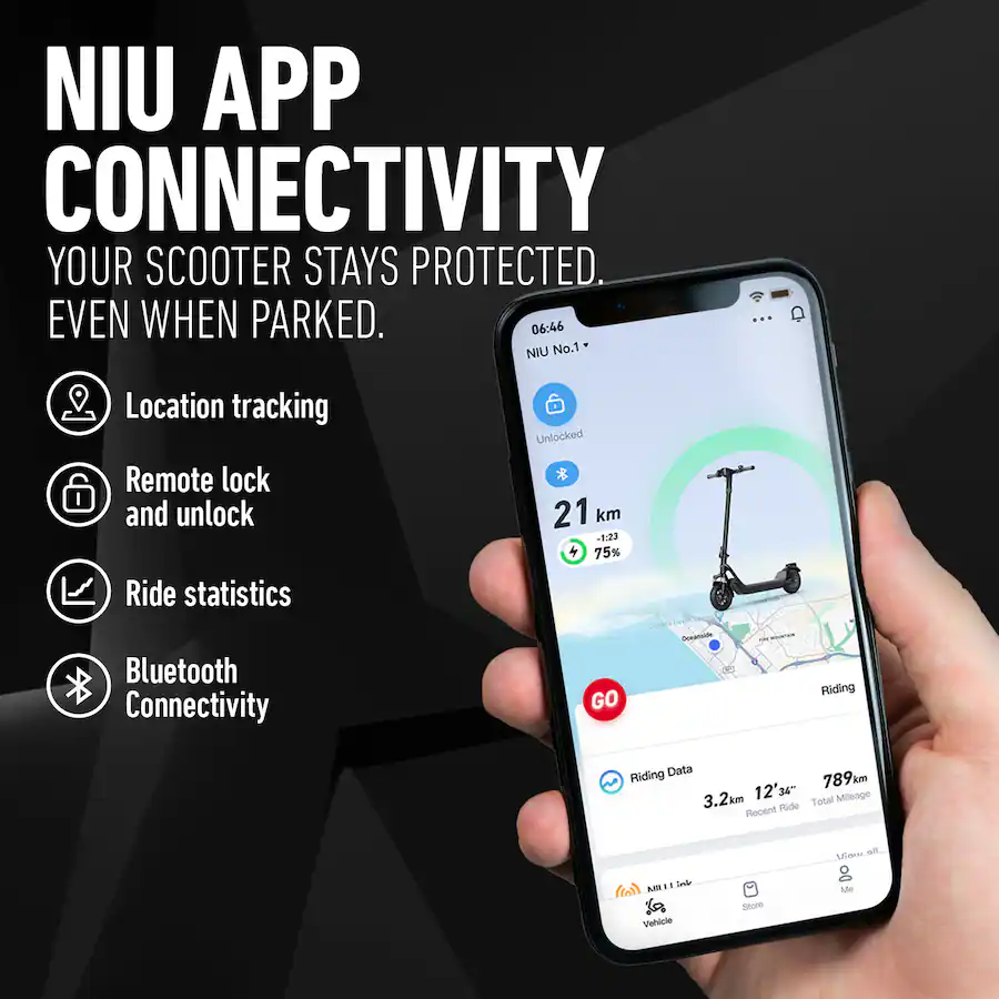NIU app connectivity interface displayed on a smartphone showing location tracking, remote lock, and ride statistics