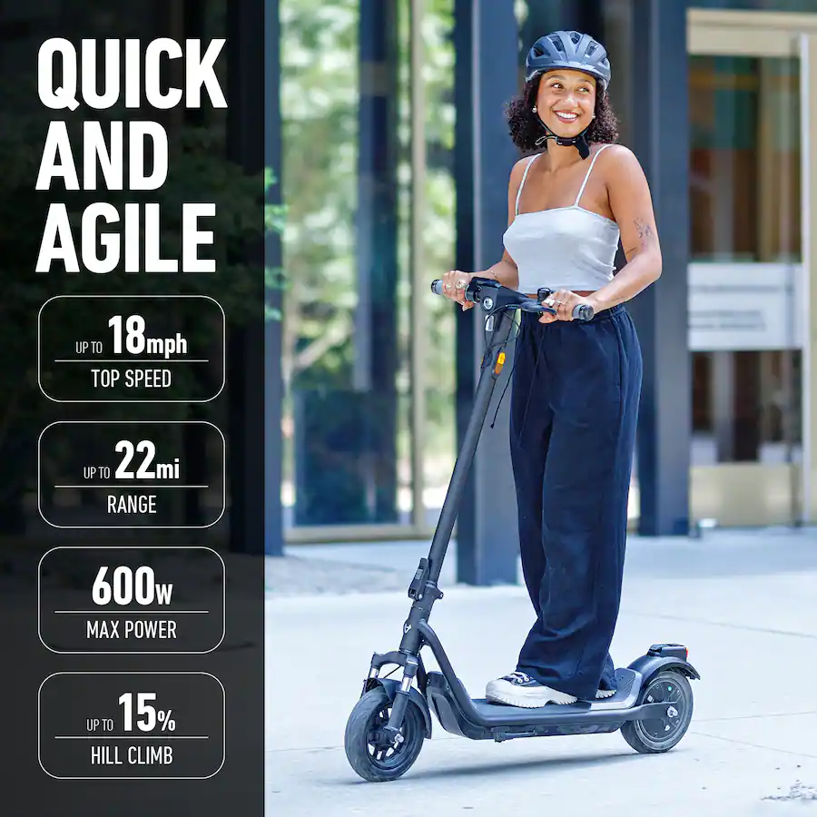 Woman smiling while standing on an electric scooter with text overlay detailing top speed, range, and power.