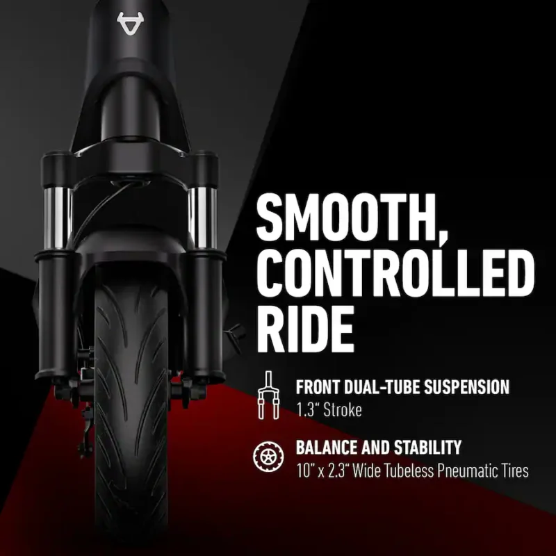 A direct front head-on view of the dark gray NIU KQi 200P electric scooter against a dark background with a red line on the ground. Text on the right reads "SMOOTH, CONTROLLED RIDE". Below, graphics and text describe the "FRONT DUAL-TUBE SUSPENSION" with 1.3" stroke and "BALANCE AND STABILITY" from "10" x 2.3" Wide Tubeless Pneumatic Tires".
