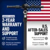 A close-up studio shot of the black handlebar assembly of a NIU KQi 200P electric scooter against a dark blue background, with the American flag to the right. Large white and yellow text on the left reads "INDUSTRY-LEADING 2-YEAR WARRANTY AND SUPPORT". Bullet points below detail extended coverage and investment protection. Text on the right highlights "U.S. AFTER-SALES SUPPORT".
